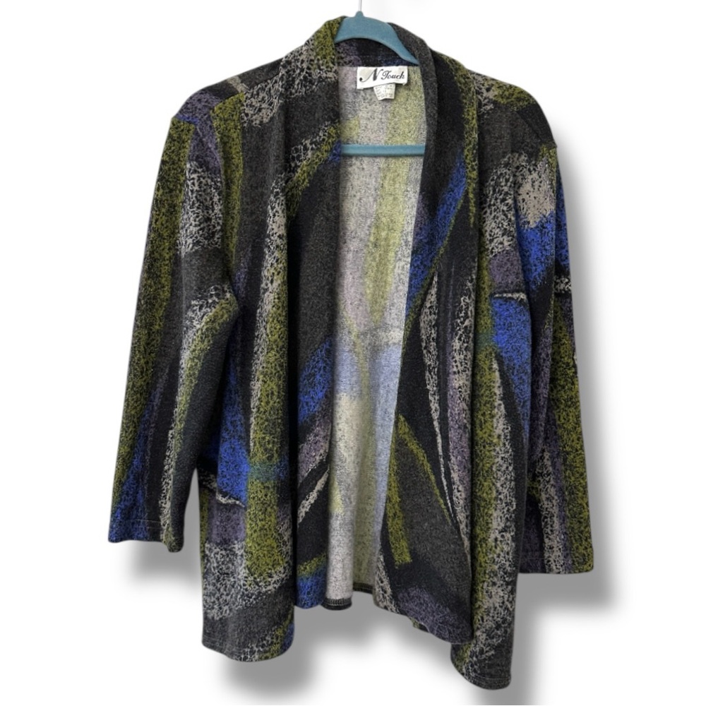 N Touch Multicolor Abstract Print Open Front Cardigan Women’s Plus Size 1X Comfy